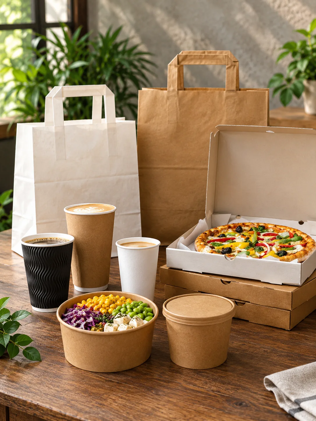 Paper cups, bags and food containers arranged in a café setting