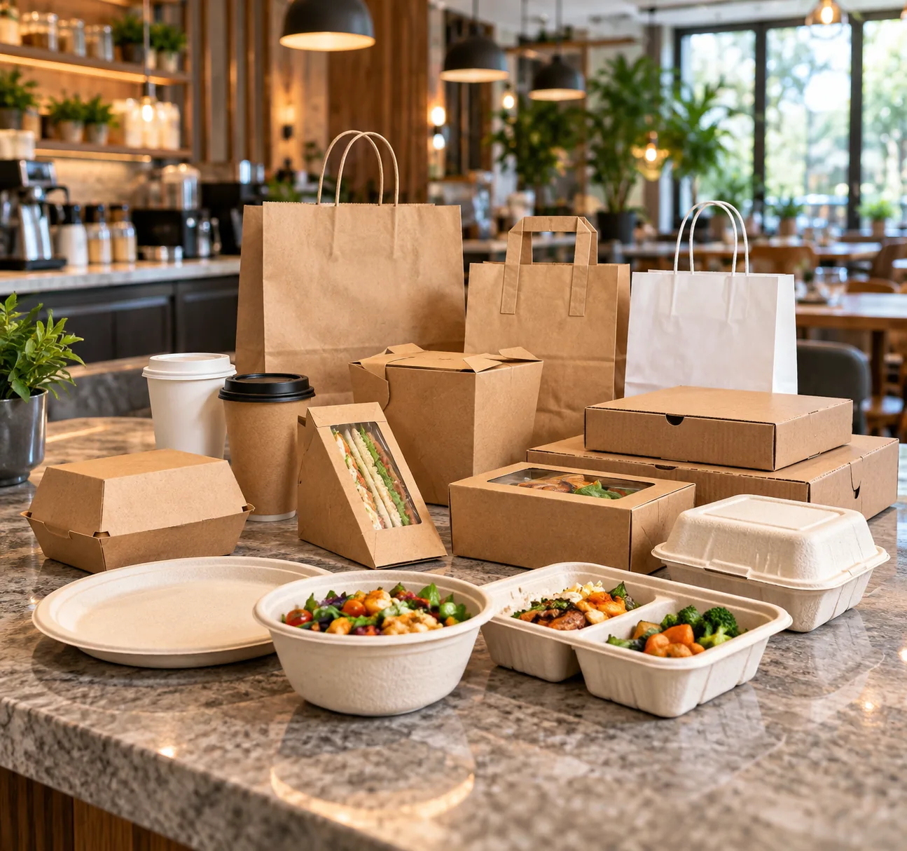 Paper and fibre food packaging arranged with prepared food